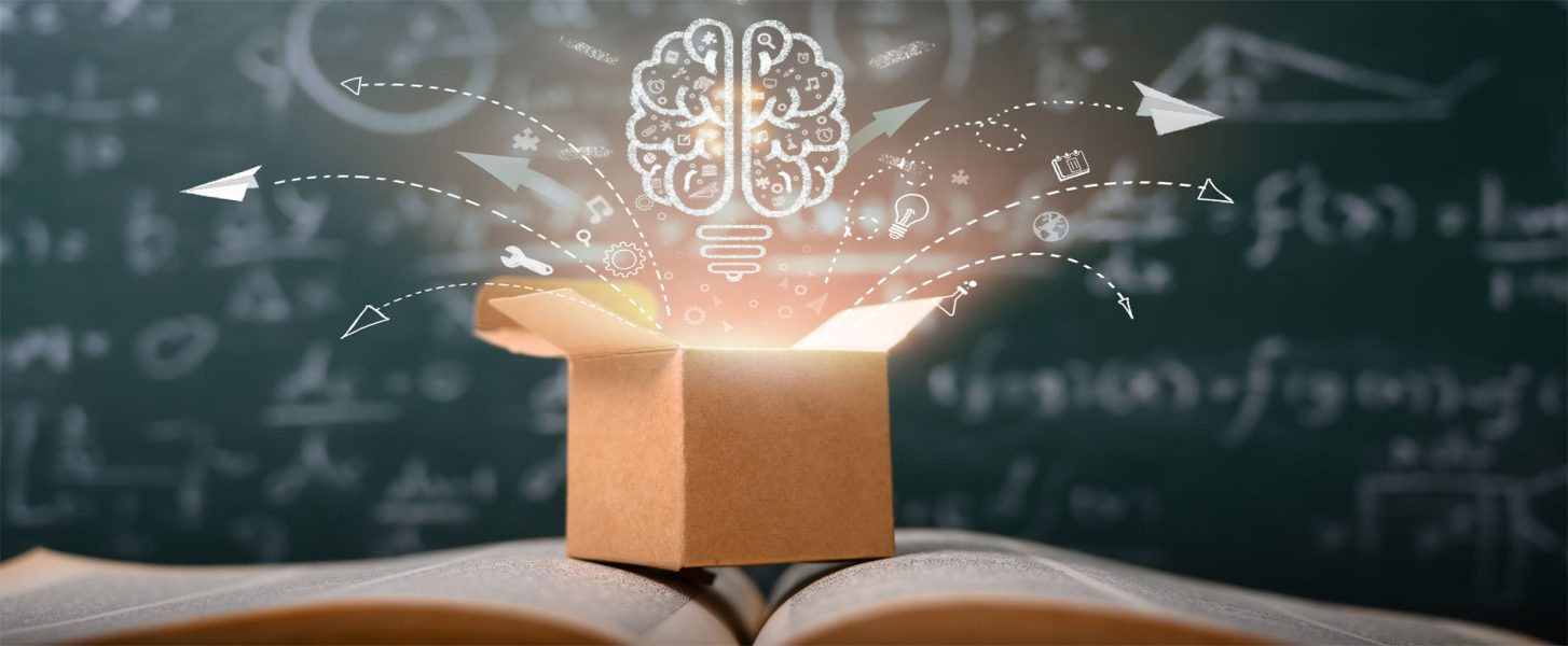 think outside the box on school green blackboard . startup  education concept. creative idea. leadership.